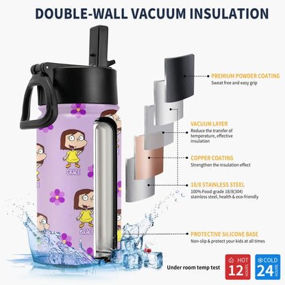 Violet Vintage Water Bottle - Personalized Custom Kids Insulated Bottle - Birthday, Back To School, Kindergarten, First, Second, Third, Fourth, Fifth Grade, Pre-K Gift For Kids