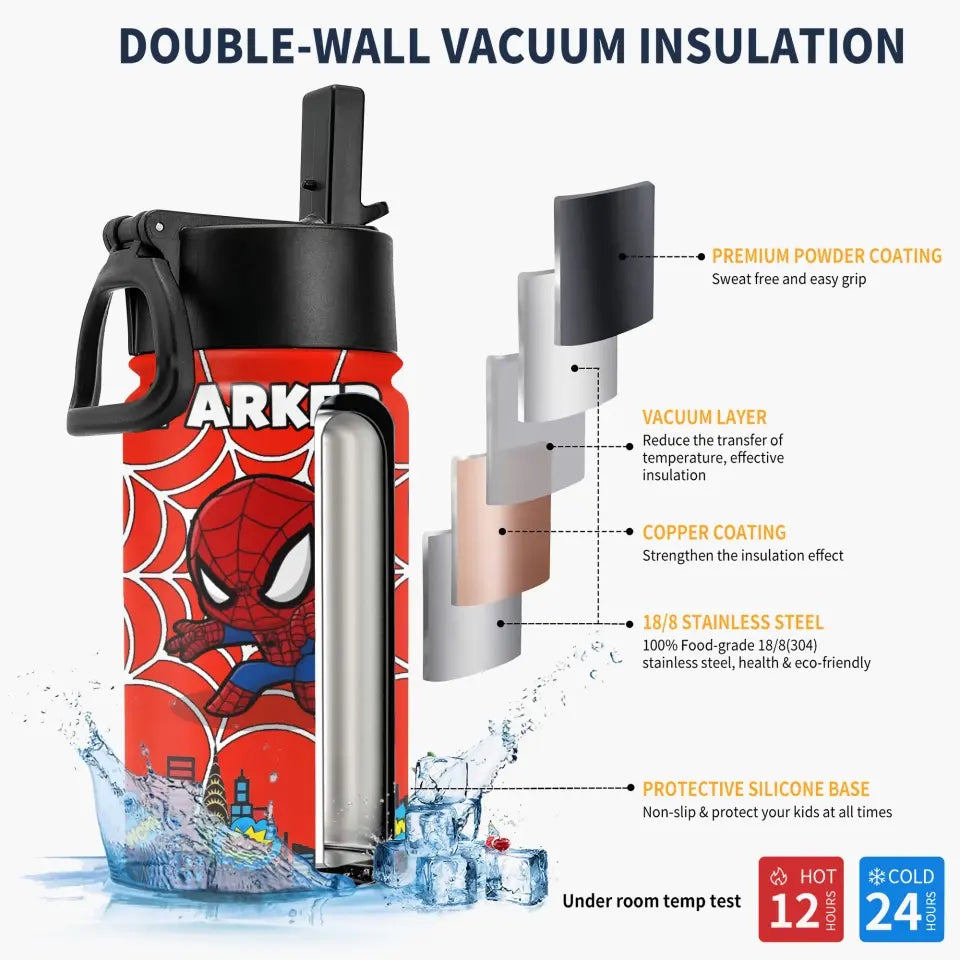 Custom Face Hero Leak Proof Water - Personalized Custom Kids Insulated Bottle - Birthday, Back To School, Kindergarten, First, Second, Third, Fourth, Fifth Grade, Pre-K Gift For Kids