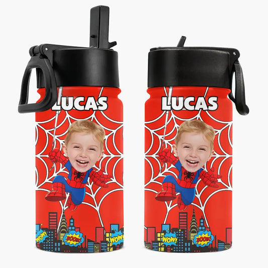 Custom Face Hero Leak Proof Water - Personalized Custom Kids Insulated Bottle - Birthday, Back To School, Kindergarten, First, Second, Third, Fourth, Fifth Grade, Pre-K Gift For Kids