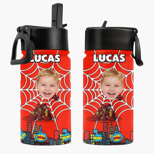 Custom Face Hero Leak Proof Water - Personalized Custom Kids Insulated Bottle - Birthday, Back To School, Kindergarten, First, Second, Third, Fourth, Fifth Grade, Pre-K Gift For Kids