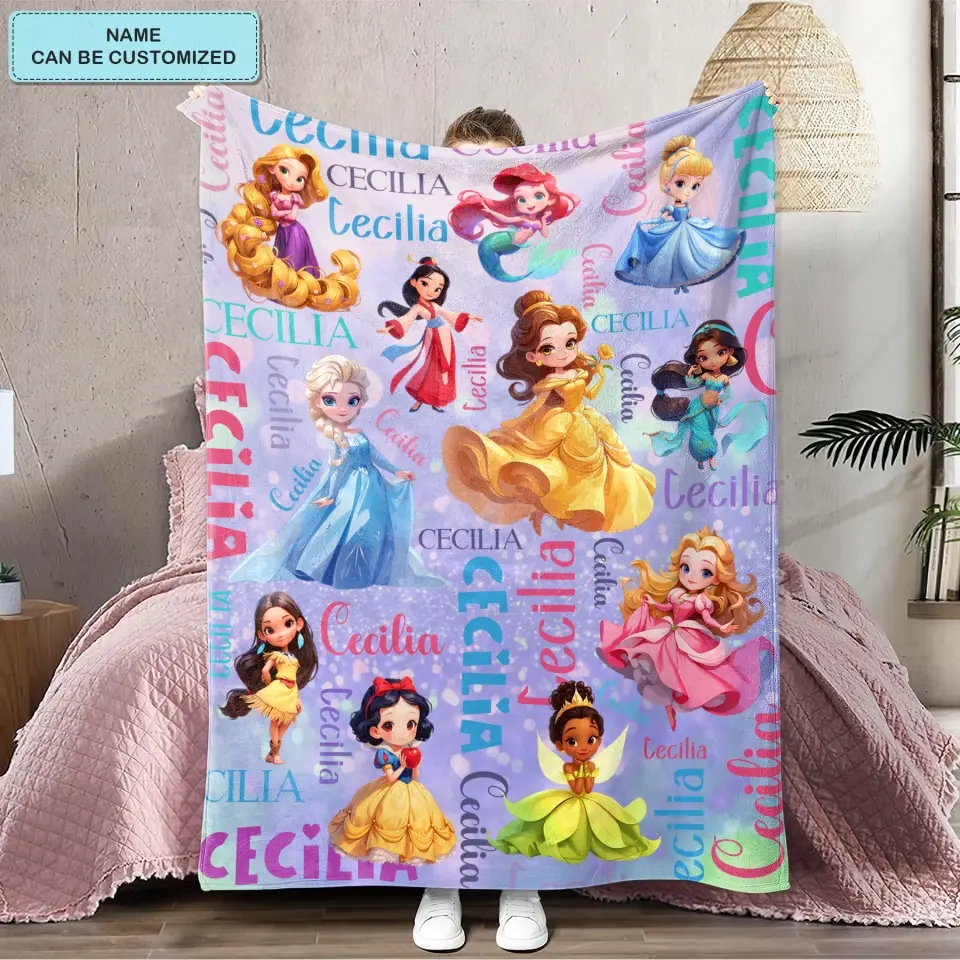 Custom Name Cartoon Princess - Personalized Custom Blanket - Gift For Kids, Family Members