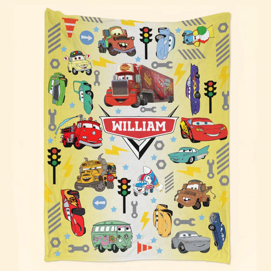 Custom Name Cartoon Cars - Personalized Custom Blanket - Gift For Kids, Family Members