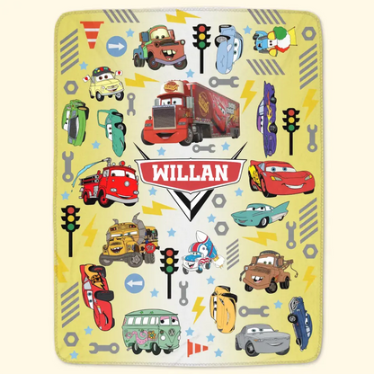 Custom Name Cartoon Cars - Personalized Custom Blanket - Gift For Kids, Family Members