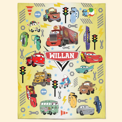 Custom Name Cartoon Cars - Personalized Custom Blanket - Gift For Kids, Family Members