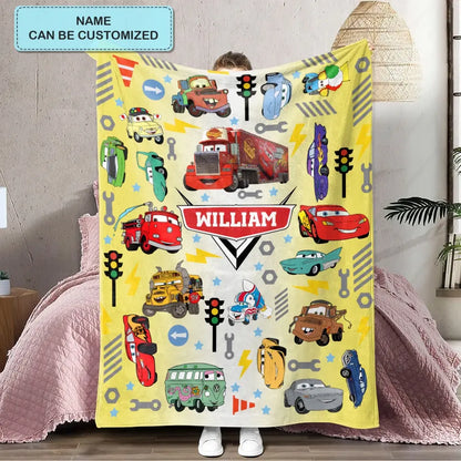 Custom Name Cartoon Cars - Personalized Custom Blanket - Gift For Kids, Family Members