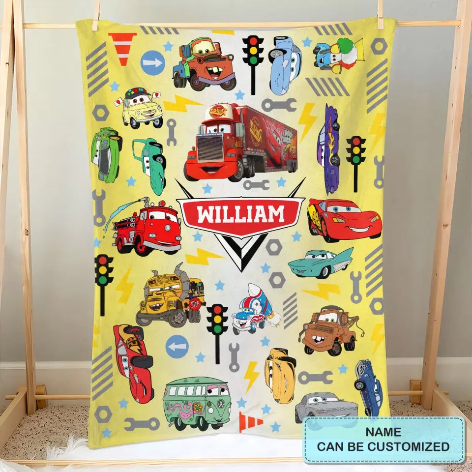 Custom Name Cartoon Cars - Personalized Custom Blanket - Gift For Kids, Family Members