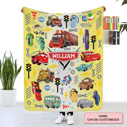 Custom Name Cartoon Cars - Personalized Custom Blanket - Gift For Kids, Family Members