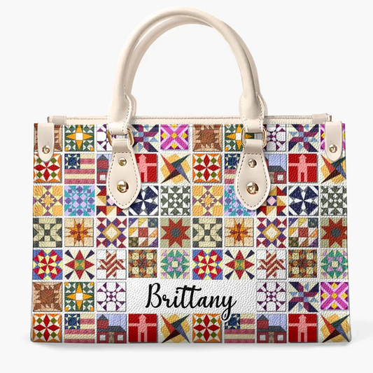 Personalized Leather Bag - Quilt Blocks