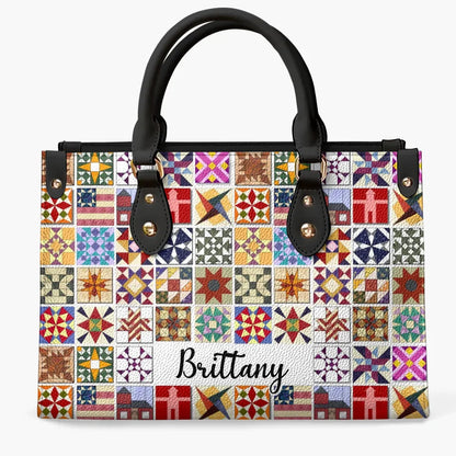 Personalized Leather Bag - Quilt Blocks
