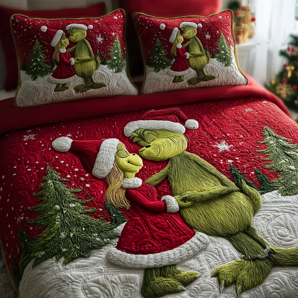 Midwinter Evergreen Kiss Quilted Bedding Set NCU0HT127