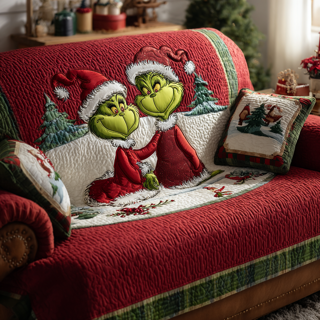 Red Hat Green Heart Quilted Sofa Cover NCU0HT136